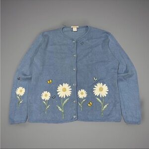 Tia Women Blue Knit Embroidered Butterfly White Daisy Flowers Cardigan Sweater M